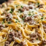 Serving One-Pot Creamy Beef and Garlic Butter Pasta with parsley and parmesan
