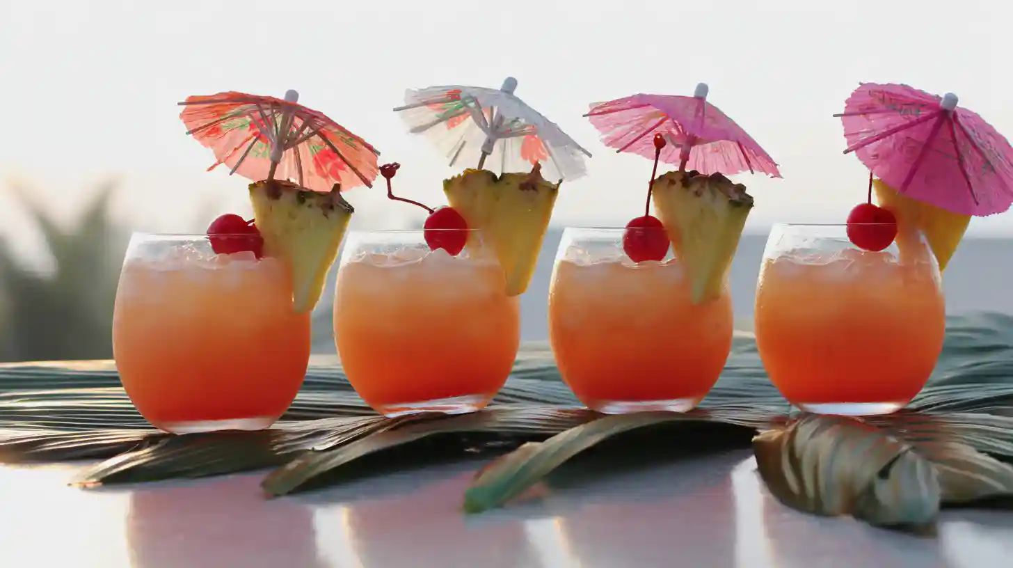 serving-coral-sunset-slammer Coral Sunset Slammer Cocktail served with fruit garnish