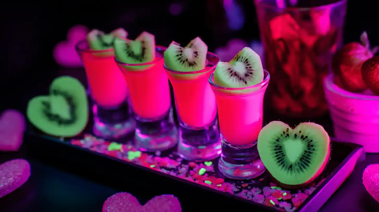 serving-electric-kiss-shots glowing pink electric kiss shots on blacklight party tray