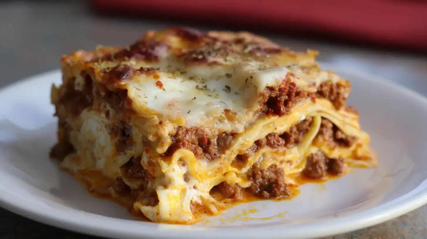 serving-four-cheese-garlic-bacon-lasagna serving image of Four-Cheese Garlic Bacon Lasagna showing rich layers and melty cheese