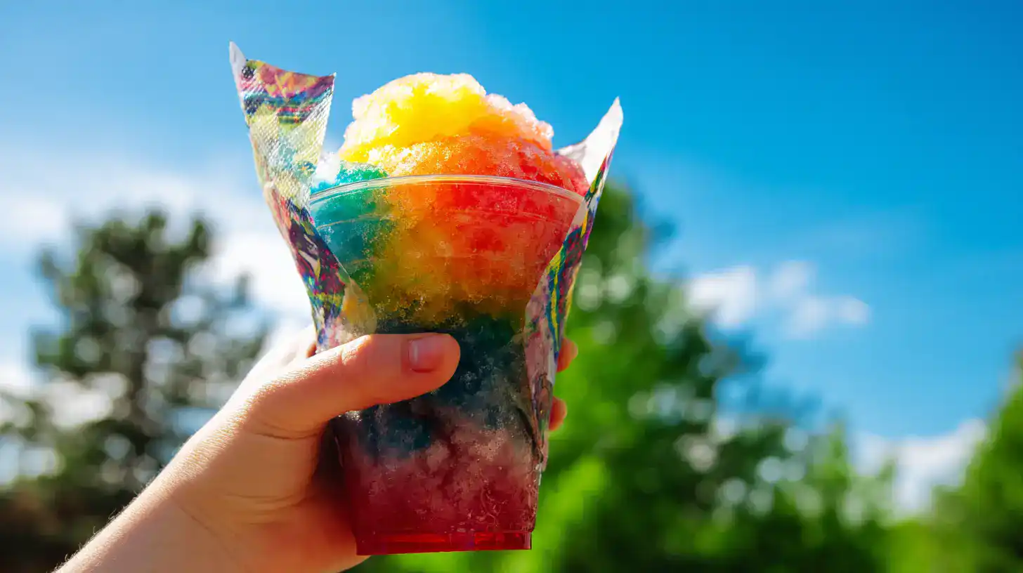 serving-kool-aid-snowcone-Recipe holding a rainbow Kool Aid snowcone Recipe outdoors