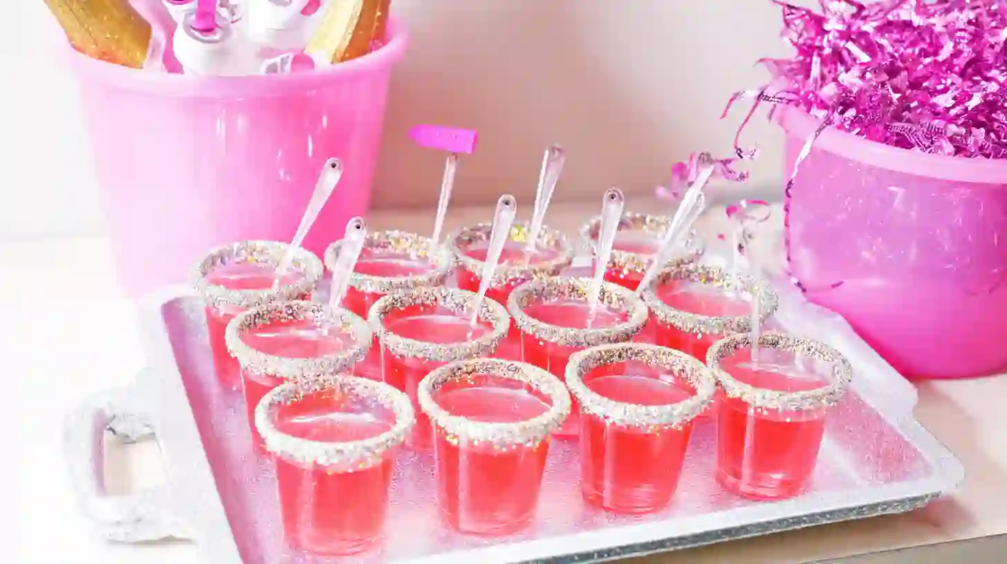serving-pink-pony-shots finished pink pony jello shots with glitter and garnish