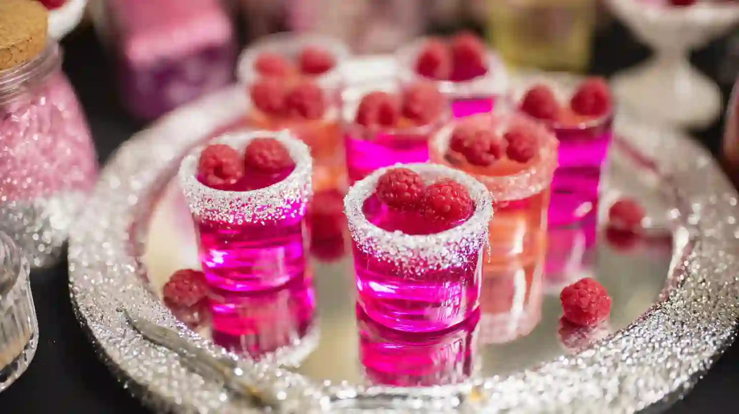 serving-wednesday-pink-panic-shots served pink panic shots on a mirrored tray with toppings