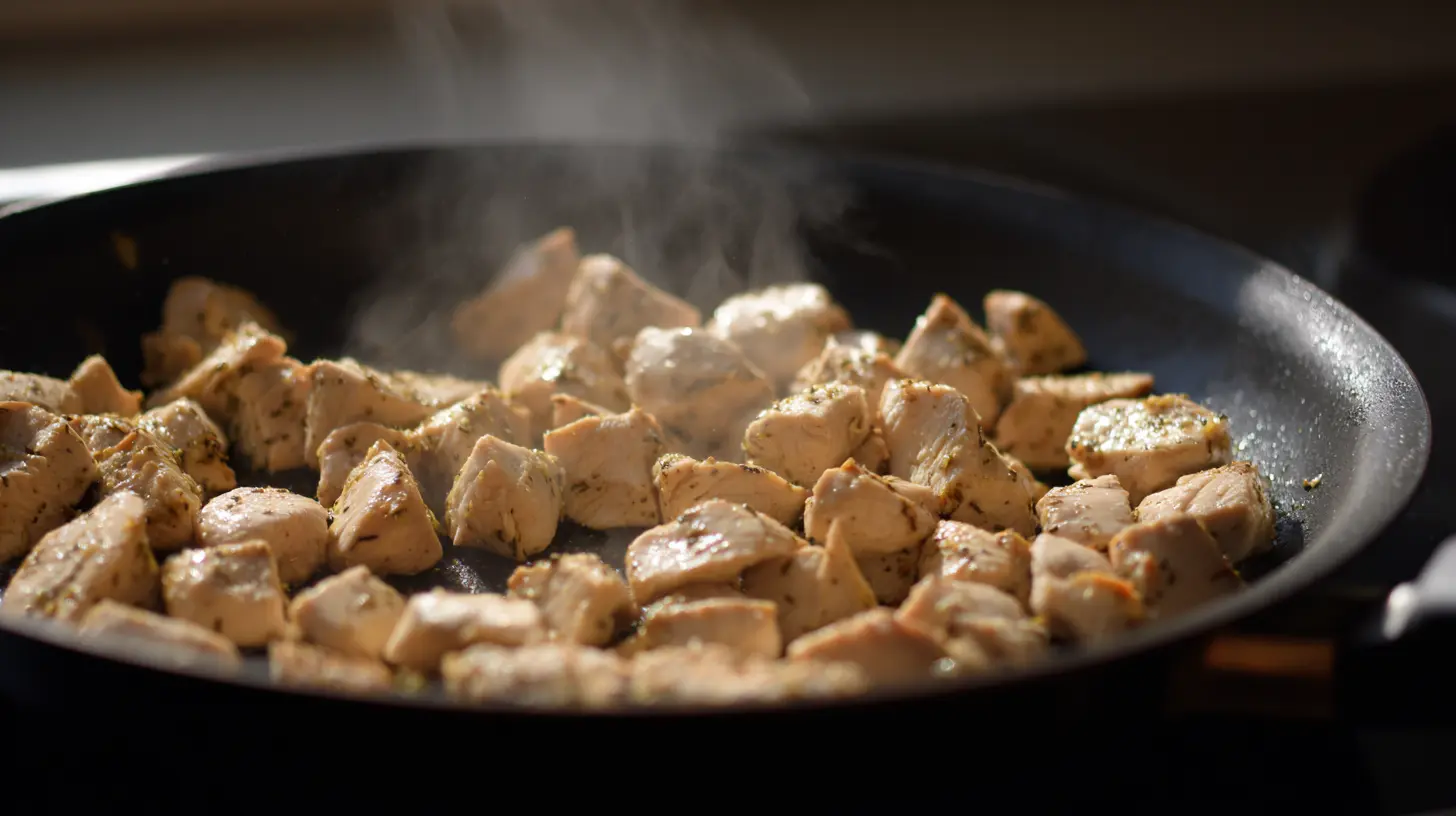 simple-cheesy-garlic-chicken-wraps-step1 Garlic-seasoned chicken cooking for cheesy wraps