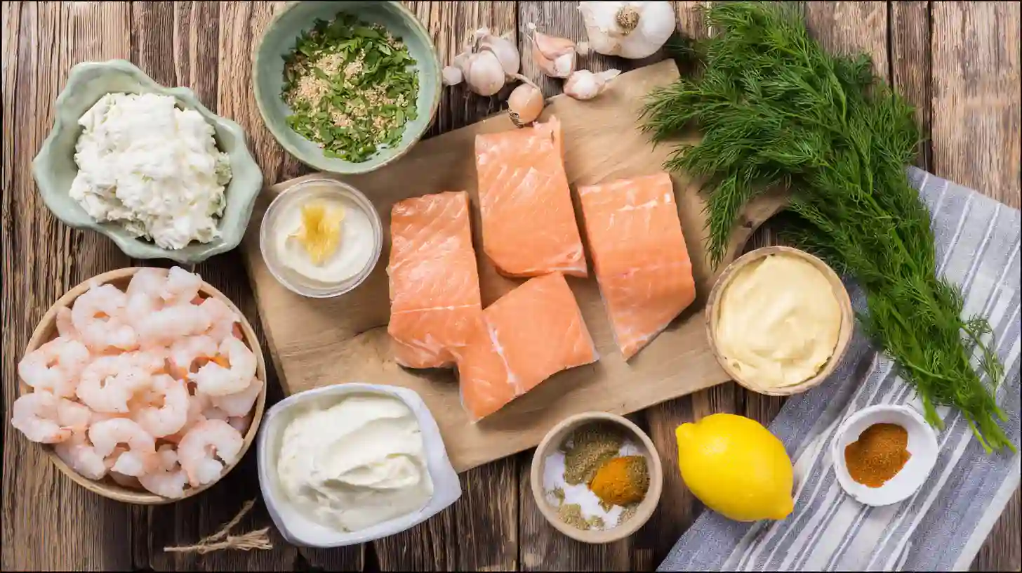 simple-crab-and-shrimp-stuffed-salmon-ingredients Simple crab and shrimp stuffed salmon .Crab, shrimp, salmon fillets, cream cheese, fresh herbs and other stuffing ingredients arranged flat lay