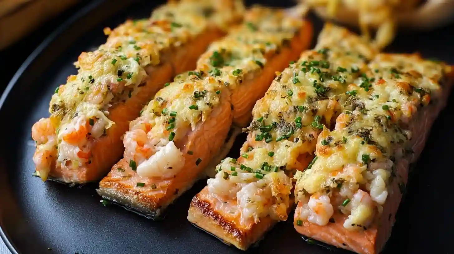 simple-crab-and-shrimp-stuffed-salmon-served Golden Simple crab and shrimp stuffed salmon sliced and served on a black dinner plate