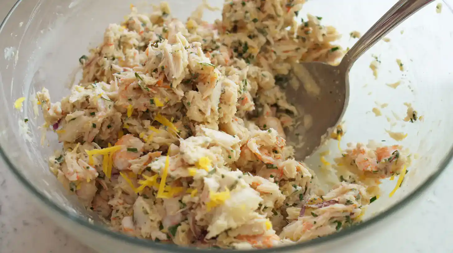simple-crab-and-shrimp-stuffed-salmon-step1 Mixing seafood stuffing for crab and shrimp stuffed salmon in a bowl with fresh herbs