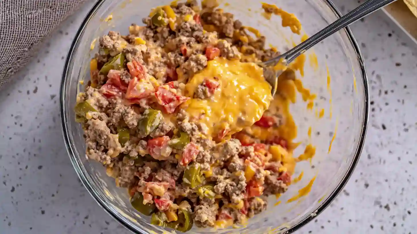 simple-crispy-nacho-egg-rolls-Recipe-step1 Prepared nacho filling for Simple Crispy Nacho Egg Rolls Recipe in a mixing bowl