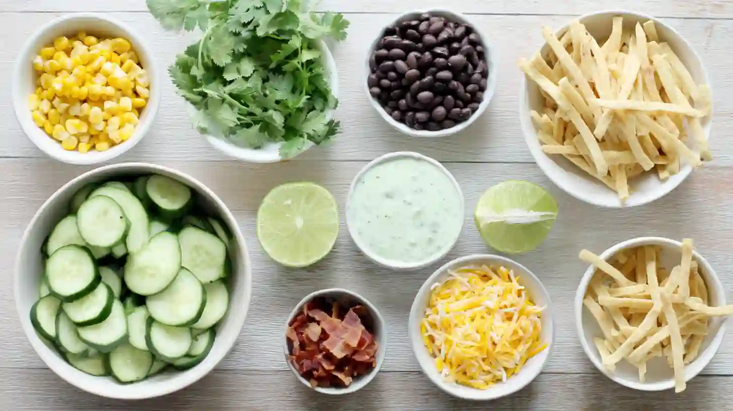 simple-southwest-cucumber-salad-ingredients Ingredients for Simple Southwest Cucumber Salad arranged flat lay