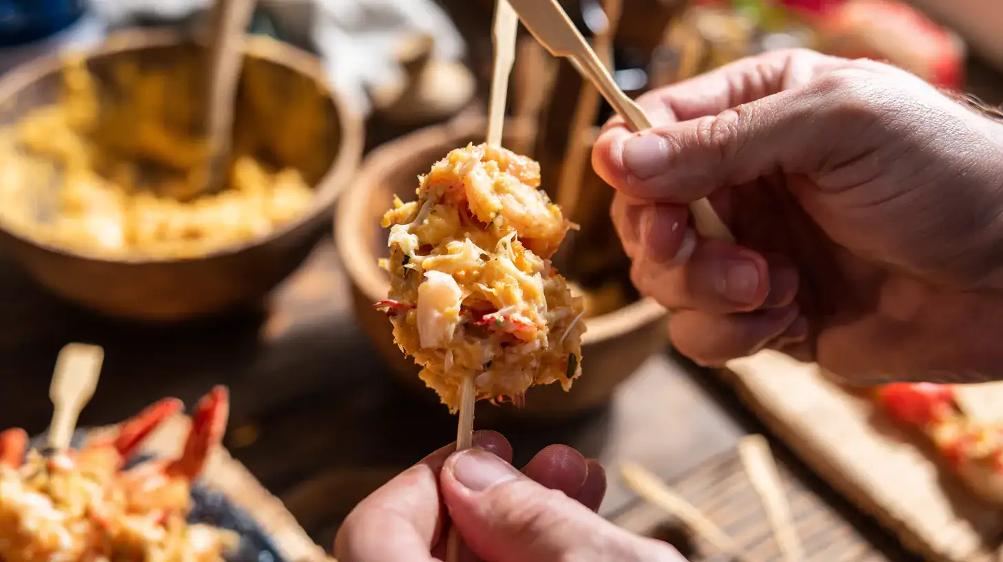 skewering-shrimp-crab-mixture Skewering cheesy shrimp and crab filling for corn dogs