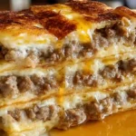 close-up slice of Easy pancake sausage breakfast bake with maple syrup