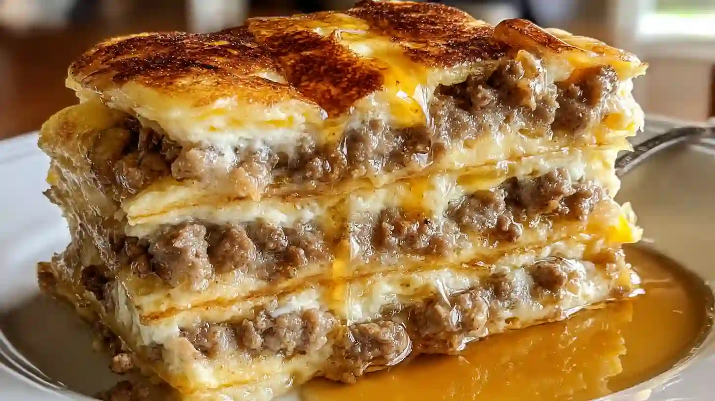 slice-Easy-pancake-sausage-breakfast-bake-Serving close-up slice of Easy pancake sausage breakfast bake with maple syrup