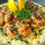 Southern Chicken Scampi with Creamy Parmesan Grits served over creamy parmesan grits