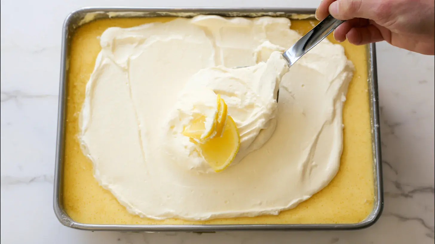 spreading-lemon-filling-pie-bars Adding lemon layer to cream cheese bars