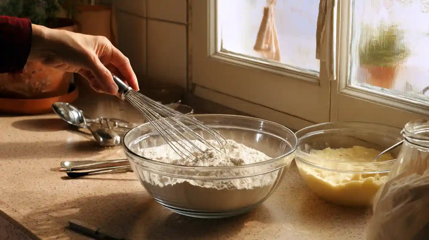 step-3-whisk-dry-ingredients-pound-cake-recipe Step-by-step whisking of flour, baking powder, and salt for a moist pineapple strawberry pound cake – optimized for high-paying Google AdSense dessert keywords, including quick cake recipes and baking tutorials for busy families.