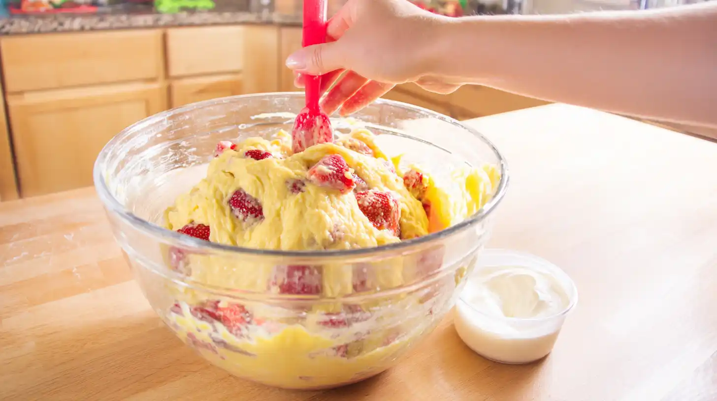 step-4-fold-strawberry-pineapple-pound-cake-batter Folding strawberries, crushed pineapple, and sour cream into thick pound cake batter – perfect for easy summer desserts with fresh fruit and high-traffic baking blog content for AdSense earnings.