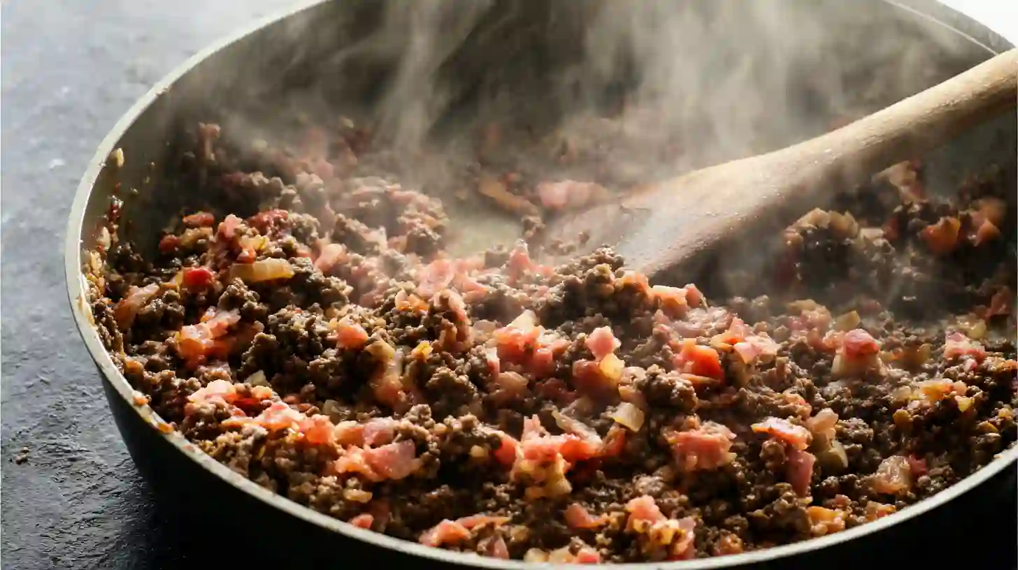 step-cook-beef-garlic-bacon-lasagna Ground beef, garlic, and bacon cooking together in skillet for lasagna