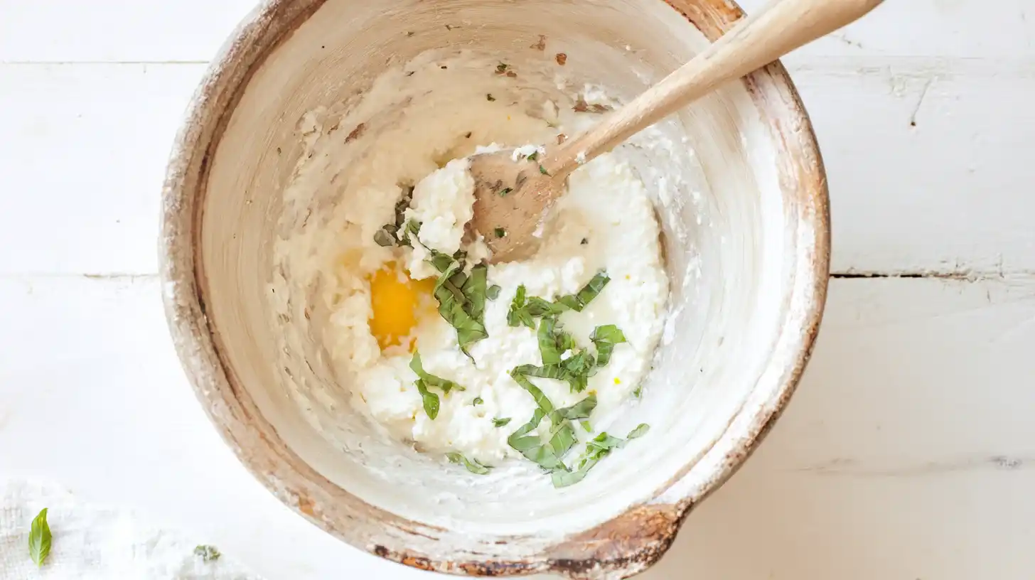 step-mix-ricotta-parmesan-basil-lasagna Mixing ricotta cheese, egg, Parmesan, and basil for lasagna filling