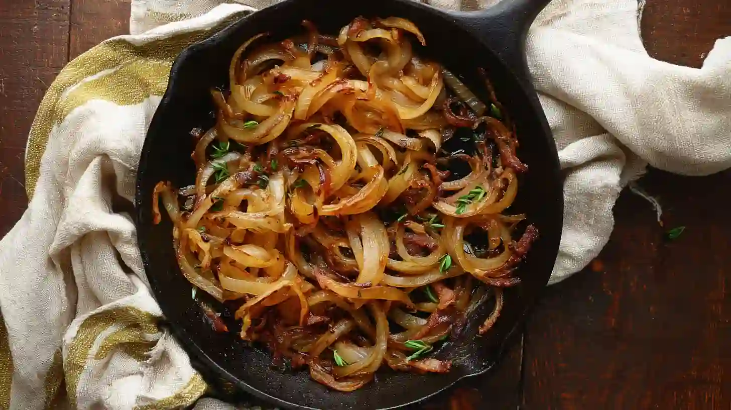 step1-caramelized-onions-bacon Caramelized onions in skillet for tomato pie