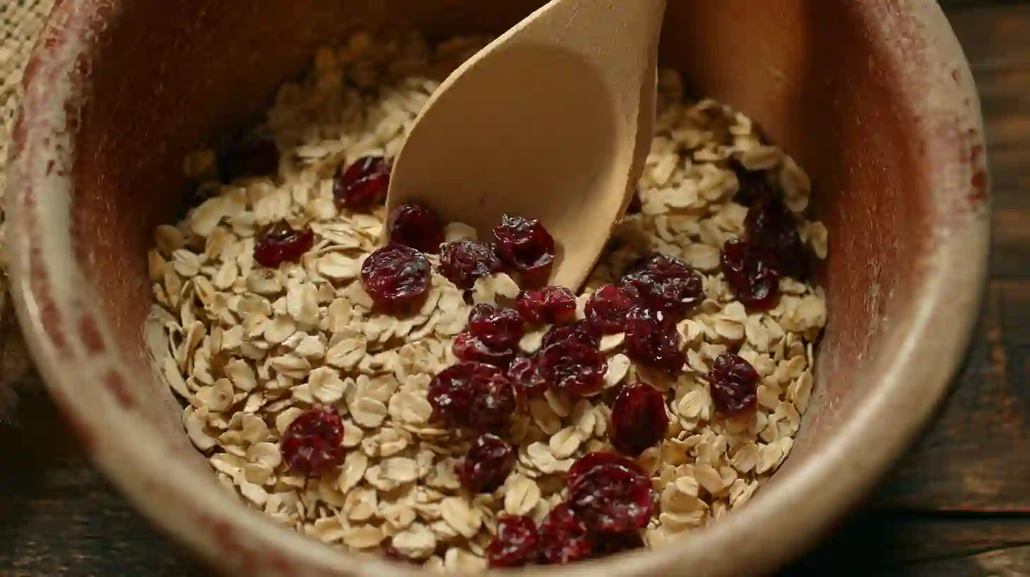 step1-mix-oats-cranberries-no-bake-white-chocolate-cranberry-oat-clusters Step 1 No-Bake White Chocolate Cranberry Oat Clusters – mix oats and cranberries for easy Thanksgiving snacks and quick office snacks