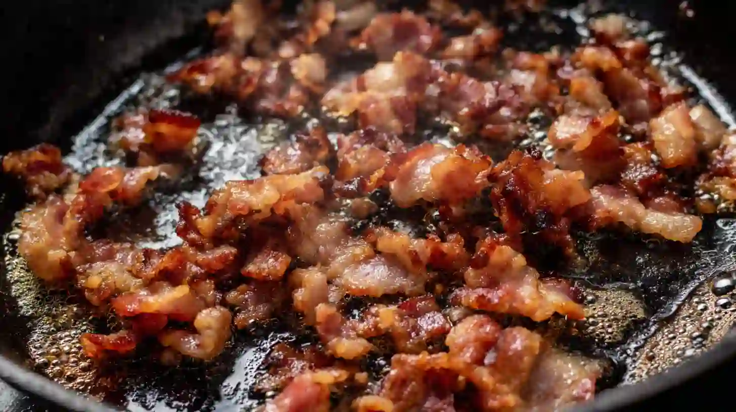 step2-cook-bacon-caramelized-chicken Crispy bacon cooking in skillet for chicken tenders recipe