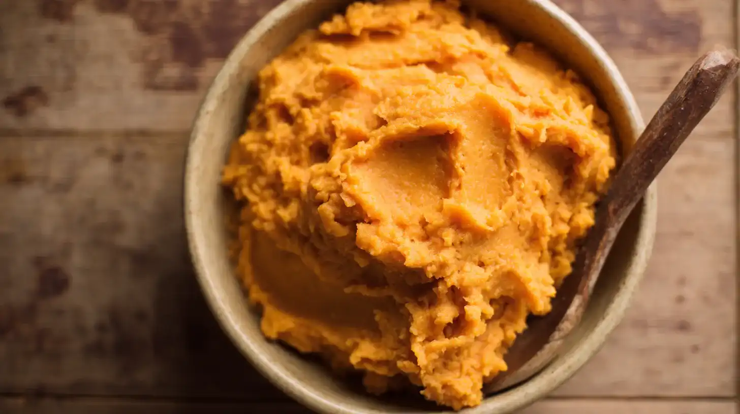 step2-mash-sweet-potatoes Mashed sweet potatoes in a bowl for sweet potato pineapple donut rings