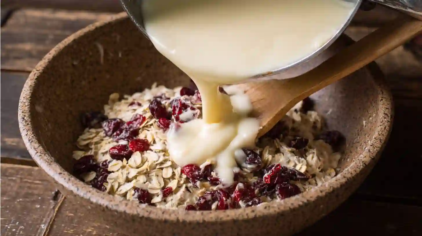 step3-coat-fold-no-bake-white-chocolate-cranberry-oat-clusters Step 3 No-Bake White Chocolate Cranberry Oat Clusters – coat oats and cranberries with melted chocolate for Christmas cranberry dessert recipe and no bake snacks for busy moms