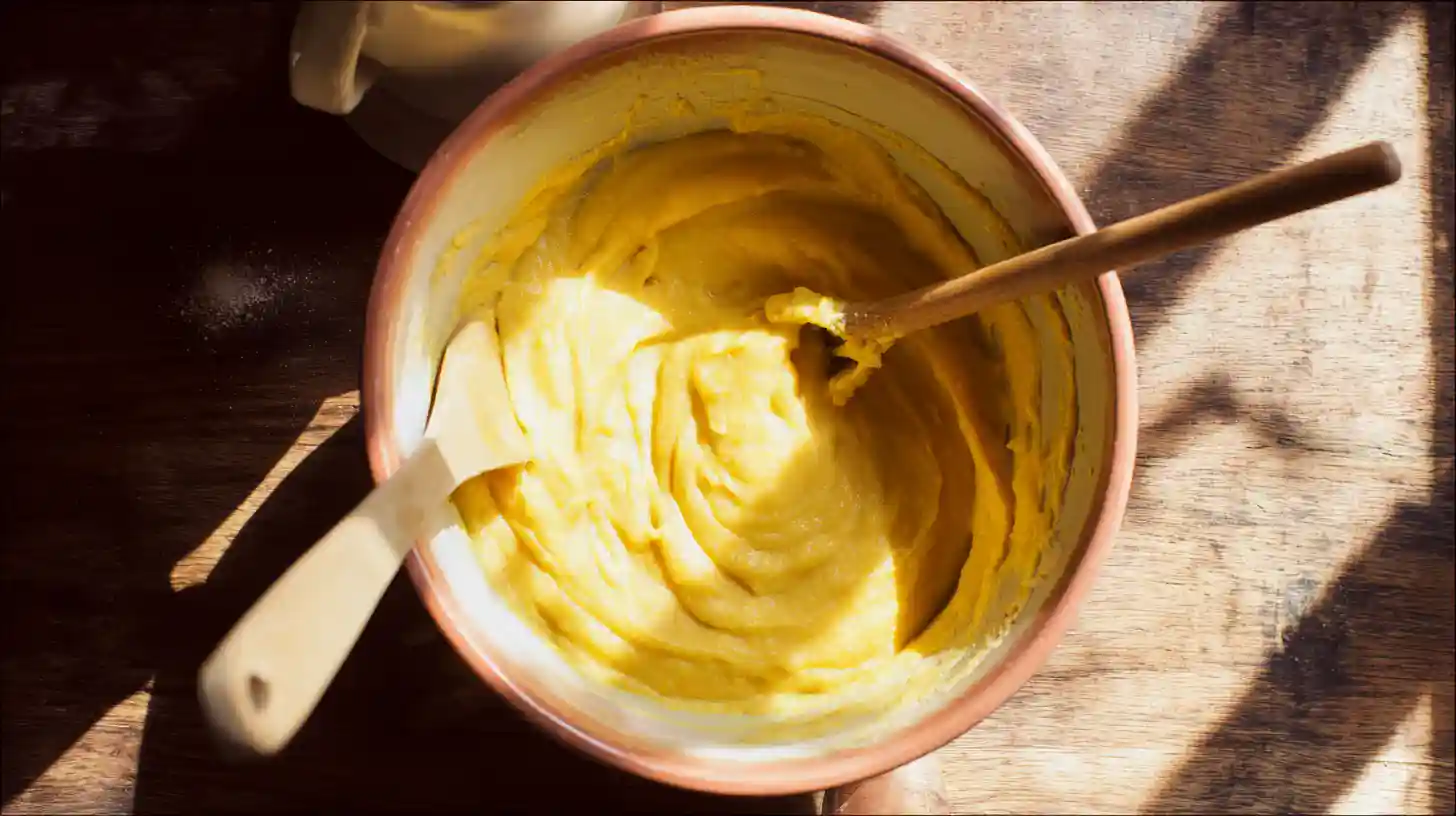 step3-mix-wet-ingredients Mixing sweet potato mash with eggs, milk, vanilla, and butter for donut batter