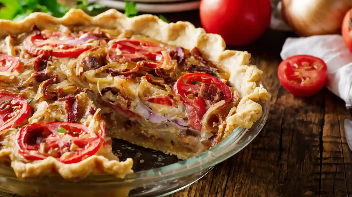 step4-layering-onion-tomato-bacon-pie Layering bacon, onions, and tomatoes in pie crust