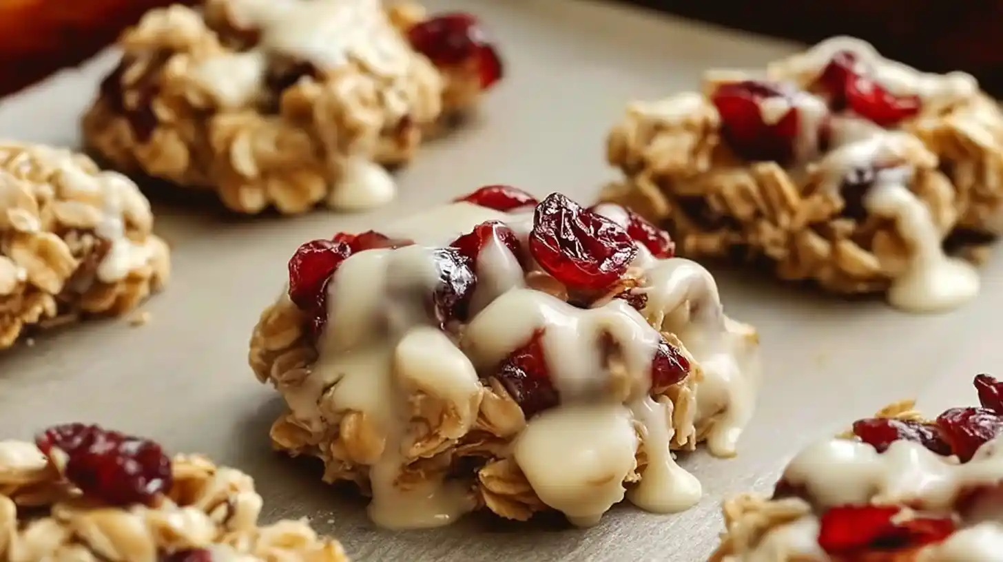 step5-chill-fridge-no-bake-white-chocolate-cranberry-oat-clusters Step 5 No-Bake White Chocolate Cranberry Oat Clusters – chill tray in fridge for 30 minutes to set healthy cranberry oat clusters and easy Thanksgiving snacks