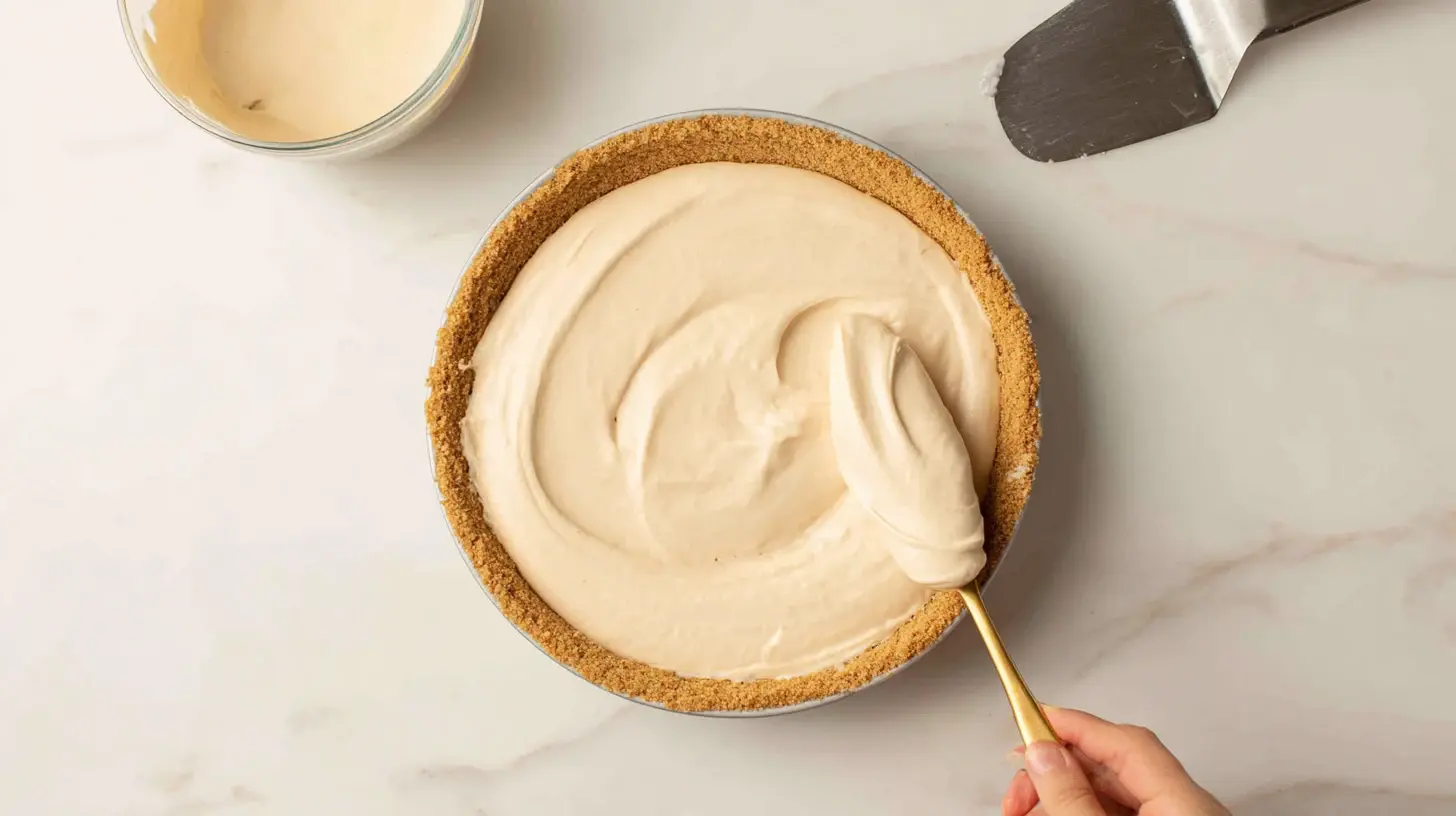 step5-fill-pie Filling pie crust with cream cheese pudding mixture
