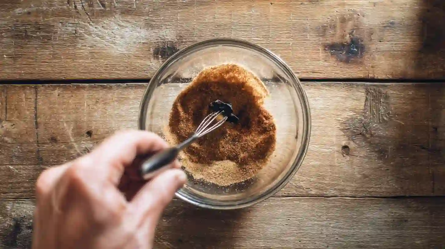 stirring-cinnamon-sugar-blend Stirring cinnamon, brown sugar, and nutmeg for Simple Apple Pie Biscuits Recipe