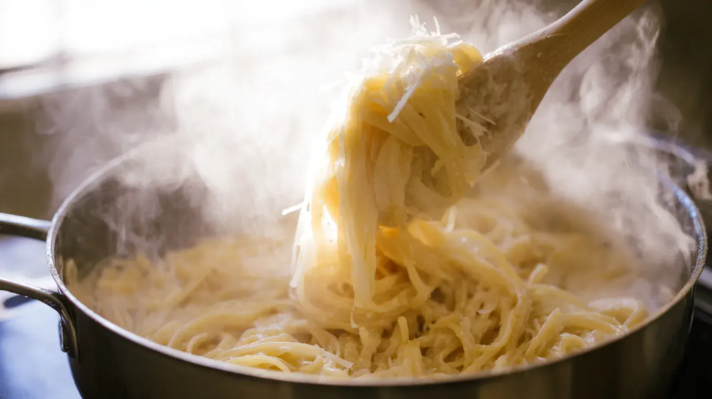 stirring-cream-parmesan-pasta Stirring parmesan cheese and butter into creamy pasta sauce
