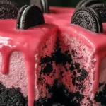 Strawberry Cake with Oreo Crumble crust and pink glaze