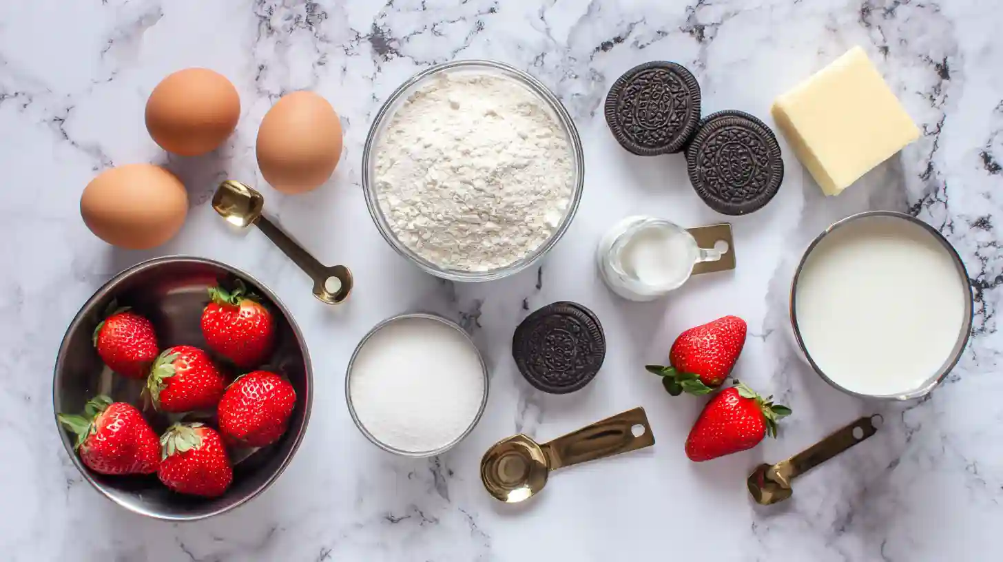 strawberry-cake-with-oreo-crumble-ingredients Ingredients for Strawberry Cake with Oreo Crumble laid out on counter