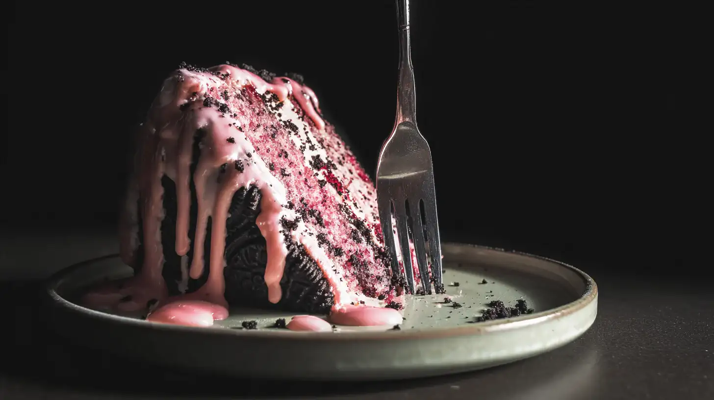 strawberry-cake-with-oreo-crumble-serving Slice of Strawberry Cake with Oreo Crumble with pink glaze