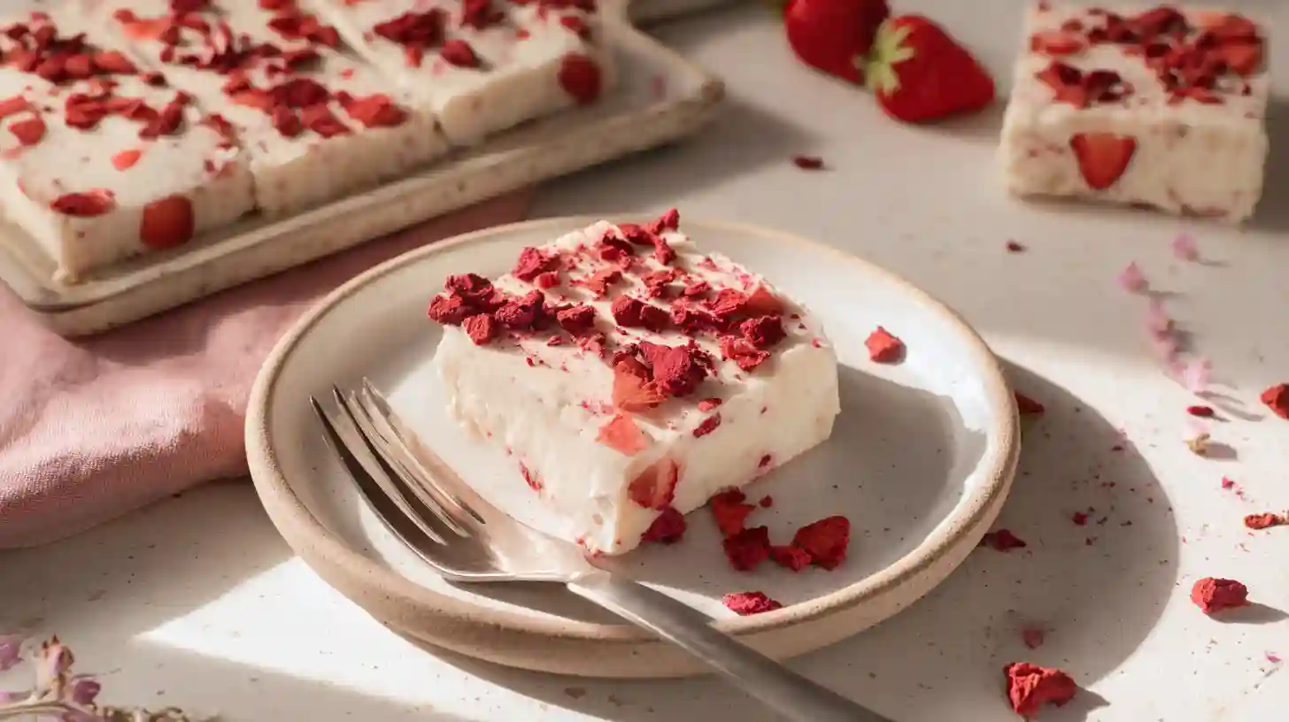 strawberry-cheesecake-protein-bar-serving Strawberry cheesecake protein bars served on plate