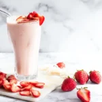 Strawberry cheesecake protein shake in tall glass