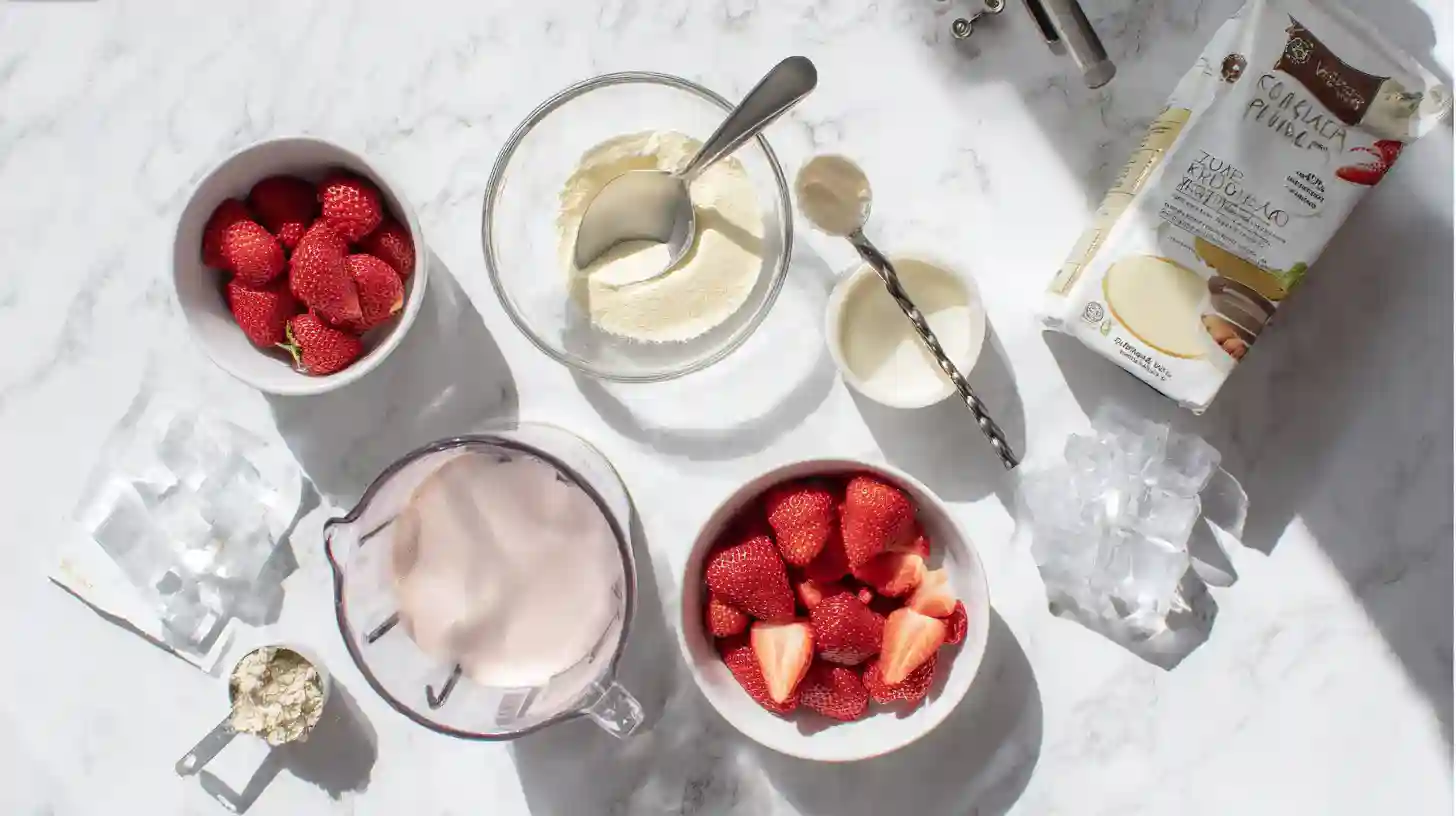 strawberry-cheesecake-protein-shake-ingredients Ingredients for strawberry cheesecake protein shake recipe