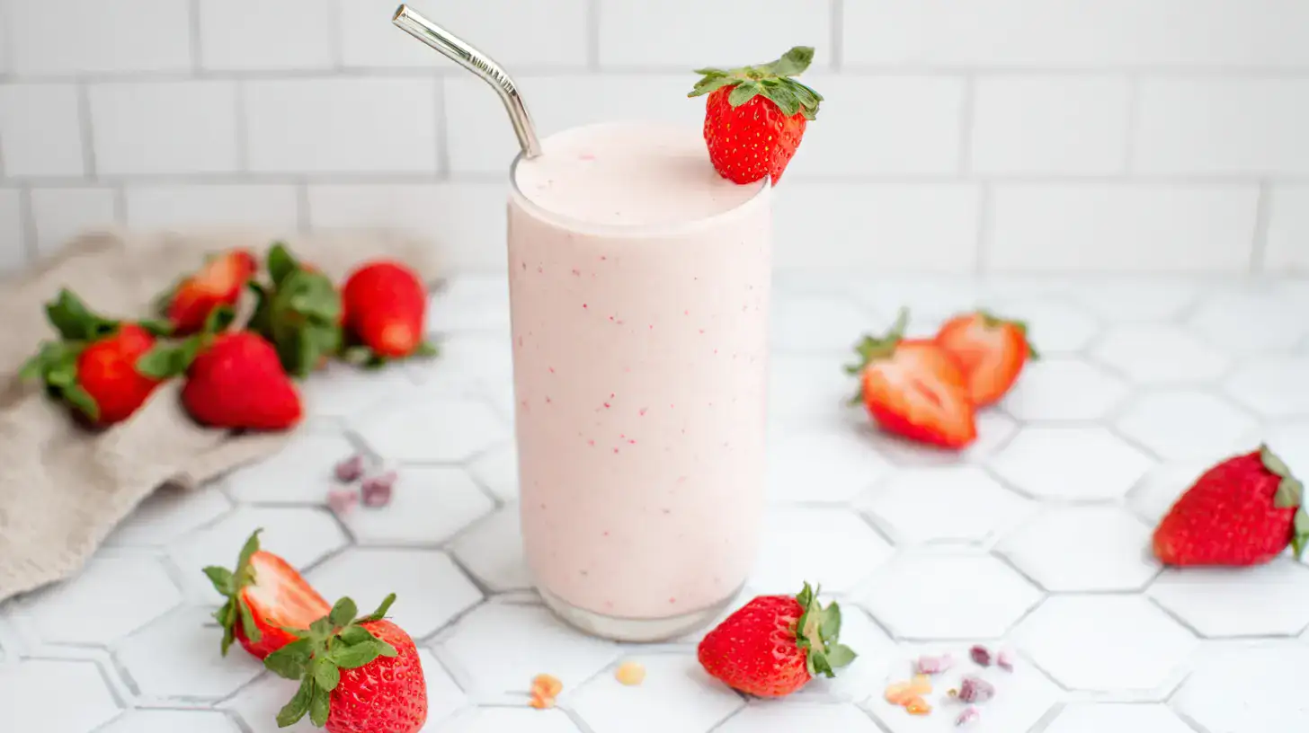 strawberry-cheesecake-protein-shake-serving Strawberry cheesecake protein shake ready to drink