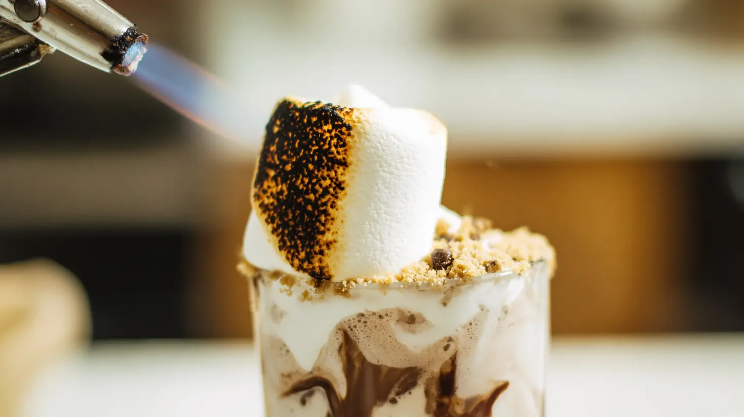 toast-crown-marshmallow-shake Toasted marshmallow skewered and placed on s’mores shake