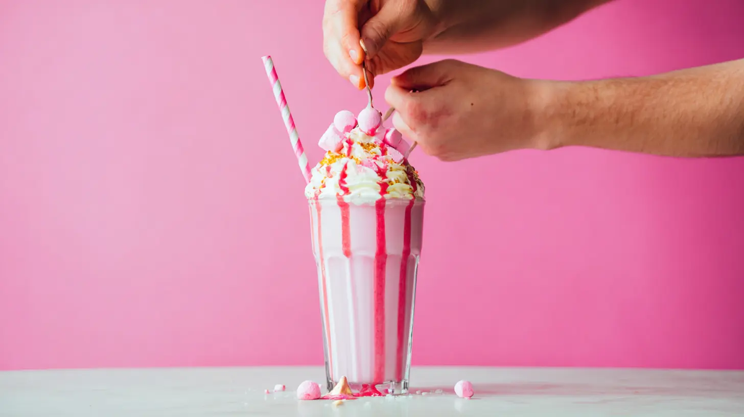 topping-pink-candy-freakshakes topping a pink candy freakshake with whipped cream and candies