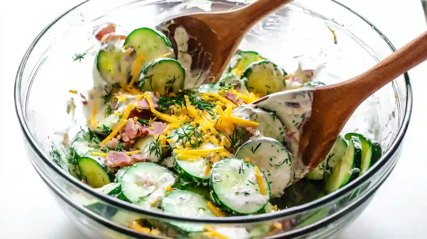 tossing-cucumber-crack-salad mixing cucumber crack salad with bacon, cheese, and ranch