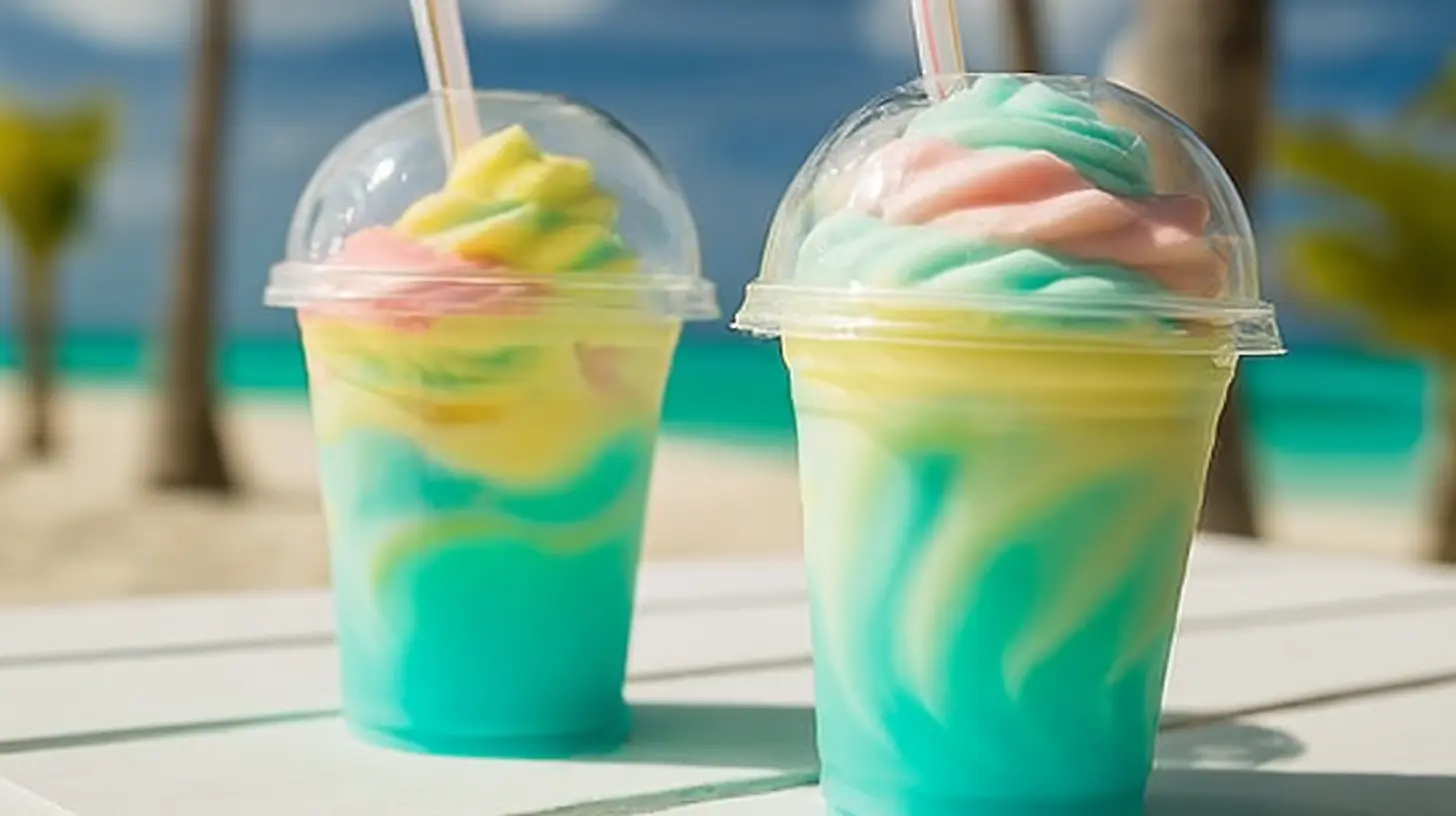 tropical-sherbet-swirl-mocktail-featured2 simple tropical sherbet swirl mocktails recipe with beach background
