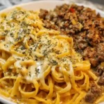 Cajun Beef Linguine in Creamy Velveeta Parmesan Garlic Sauce.friendly dinners for large families