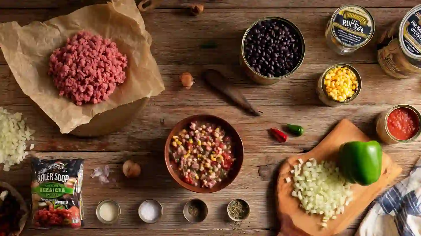 Comfortin-granch-taco-soup-Recipe-ingredients-budget-meal Comforting Ranch Taco Soup Recipe ingredients flat lay – budget-friendly dinner ideas