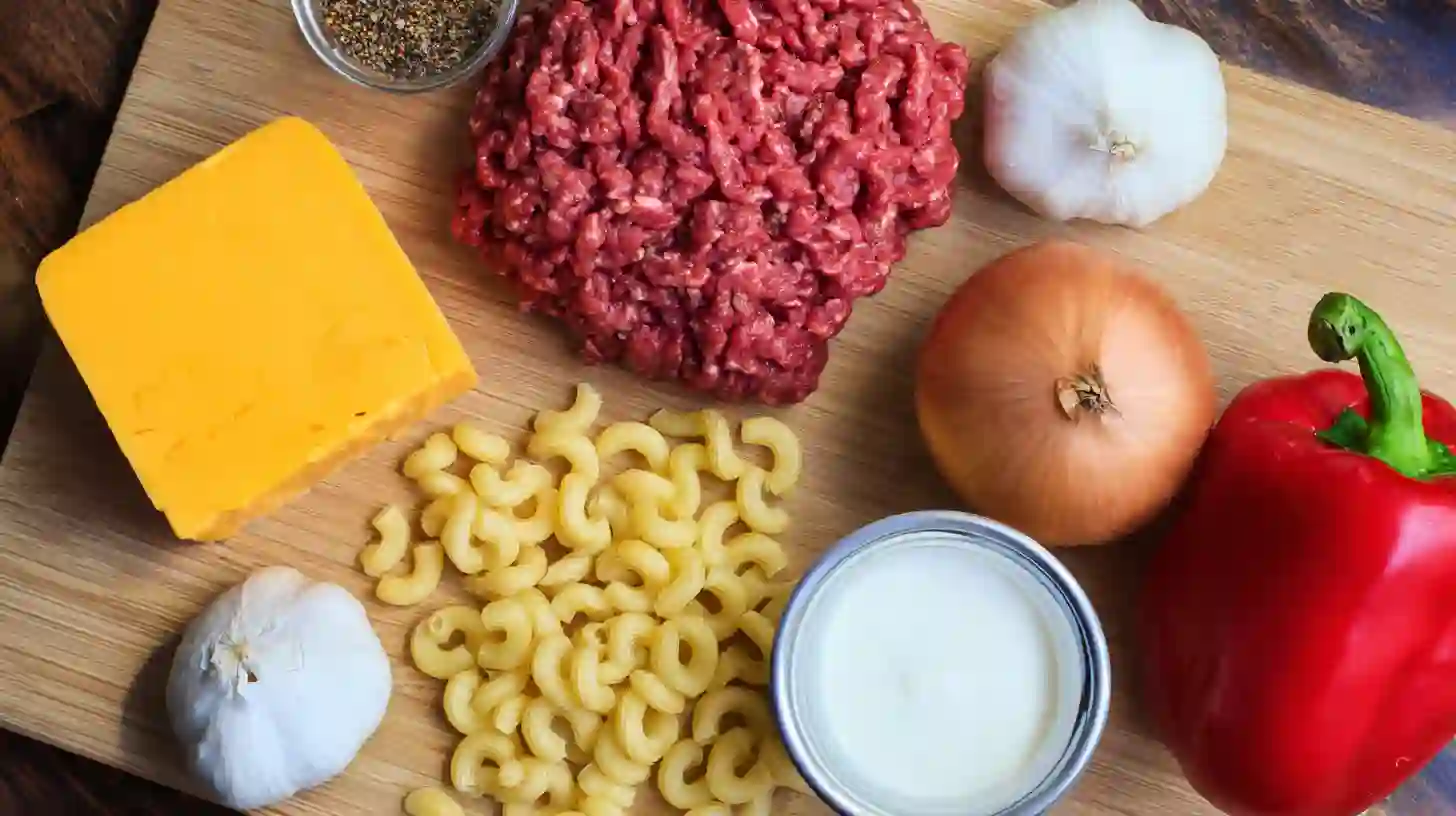 Creamy-one-pot-cajun-beef-cheddar-pasta-ingredients Creamy One Pot Cajun Beef and Cheddar Pasta ingredients layout for easy prep– comforting one-dish meal