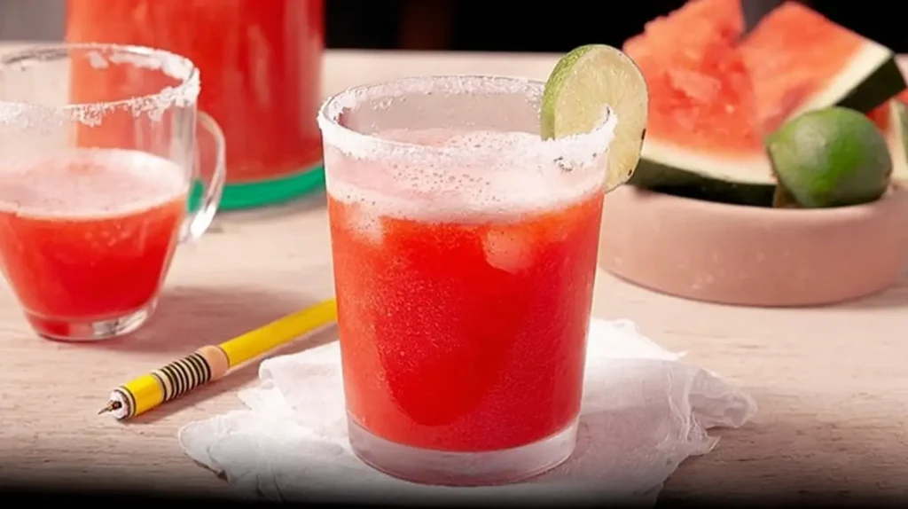 Refreshing watermelon lime drink served in a frosted glass with salt rim and lime slice, surrounded by fresh watermelon wedges and limes on a summer table – perfect healthy summer beverage recipe.Drink category recipes