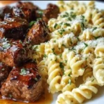 Garlic butter steak bites with creamy Alfredo pasta served and garnished on a dinner plate.restaurant-quality dinner at home