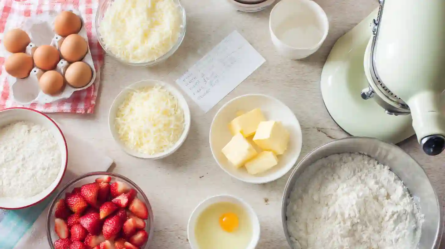 Homemade-strawberry-Italian-cream-pound-cake-ingredients Ingredients for homemade strawberry Italian cream pound cake.high-calorie homemade desserts for celebrations